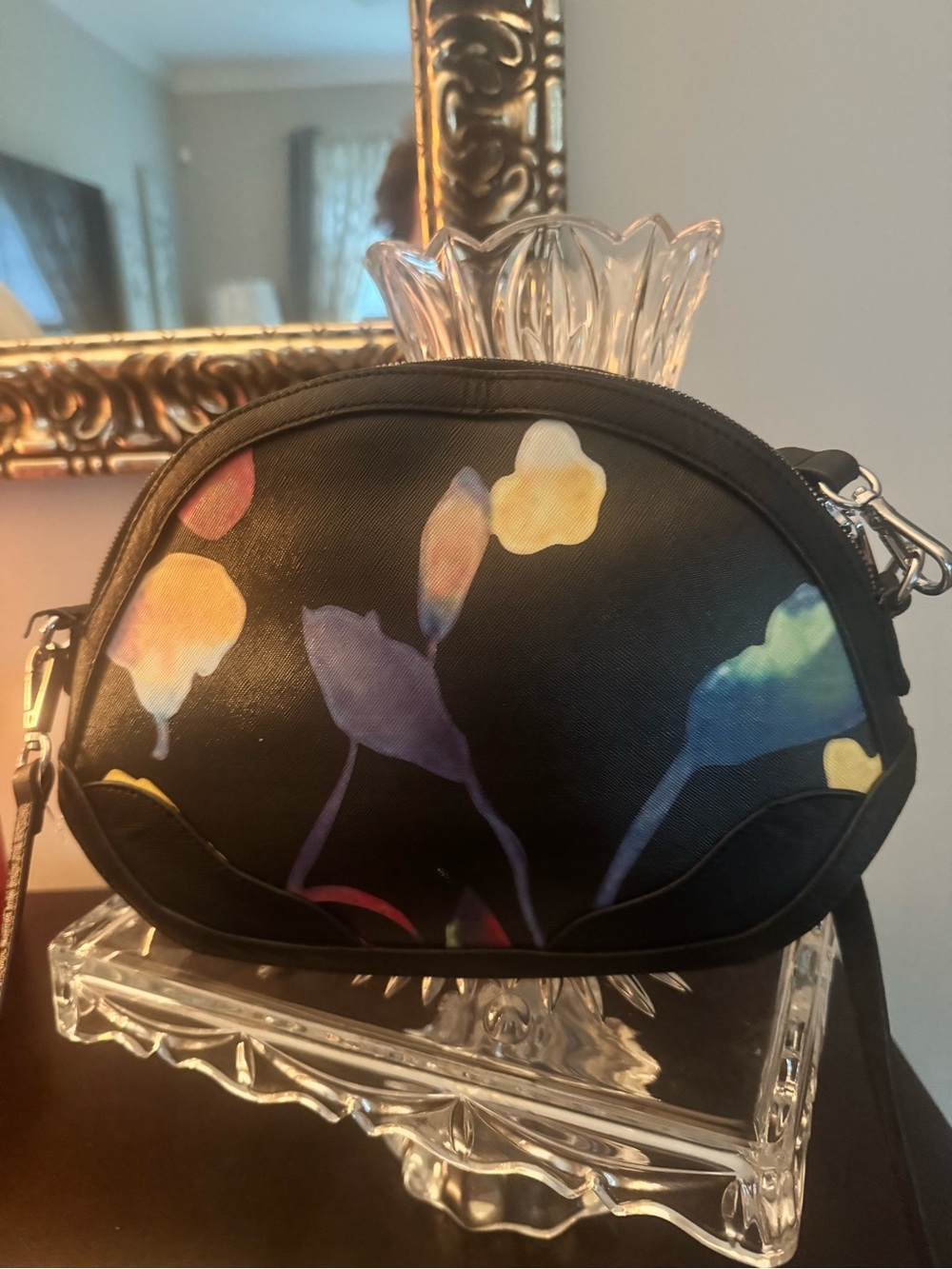 Tiffany & Fred Black Floral Watercolor Shoulder Bag